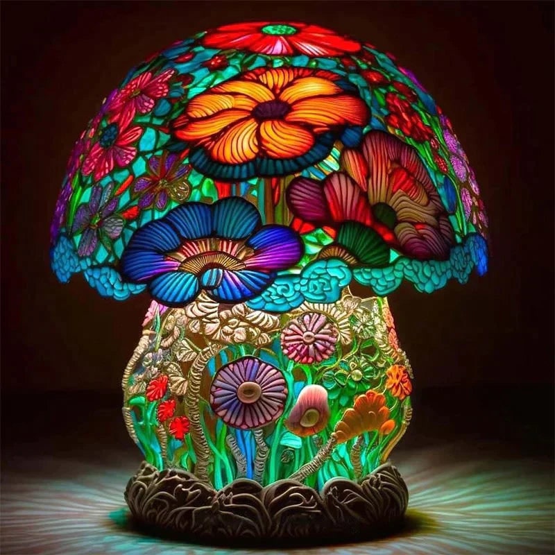 Stained Glass Table Lamp with Green Effect Decorative Resin Shade with Warm LED Light