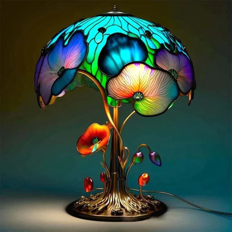 Stained Glass Table Lamp with Green Effect Decorative Resin Shade with Warm LED Light