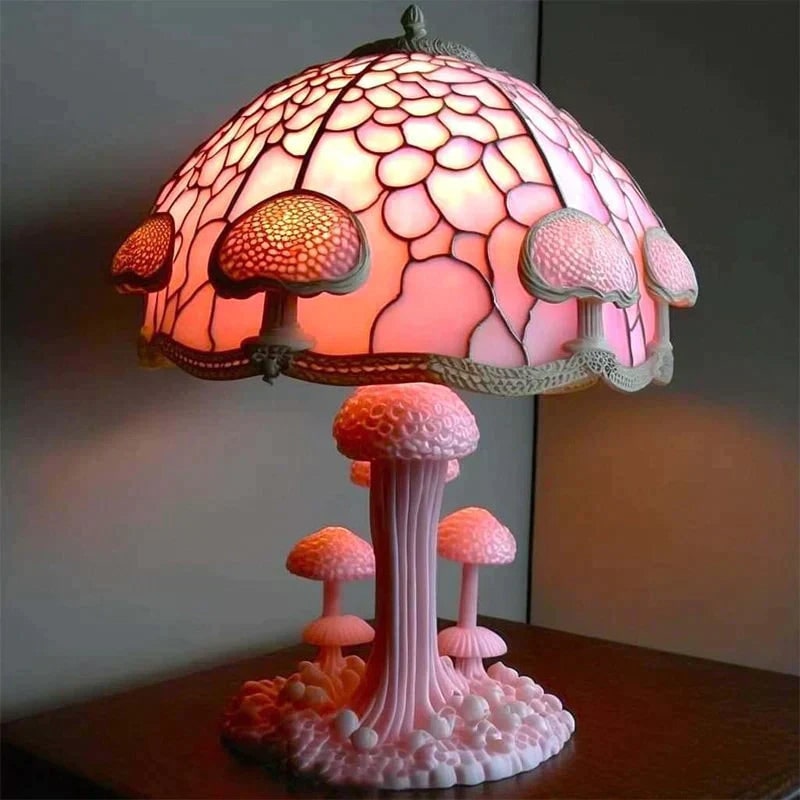 Stained Glass Table Lamp with Green Effect Decorative Resin Shade with Warm LED Light