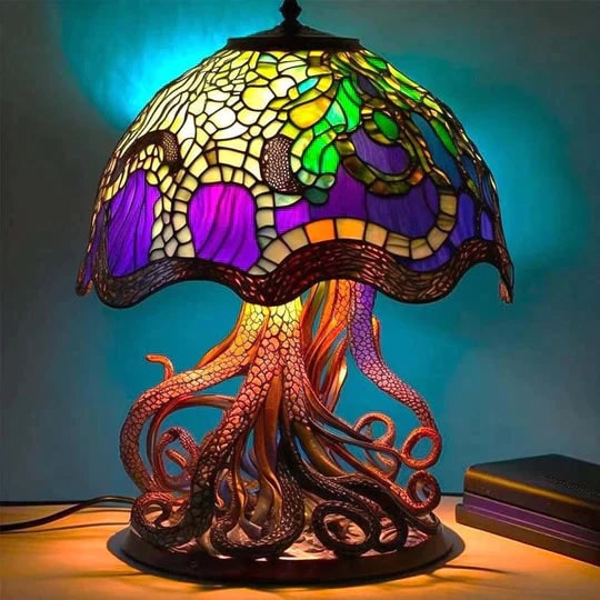 Stained Glass Table Lamp with Green Effect Decorative Resin Shade with Warm LED Light