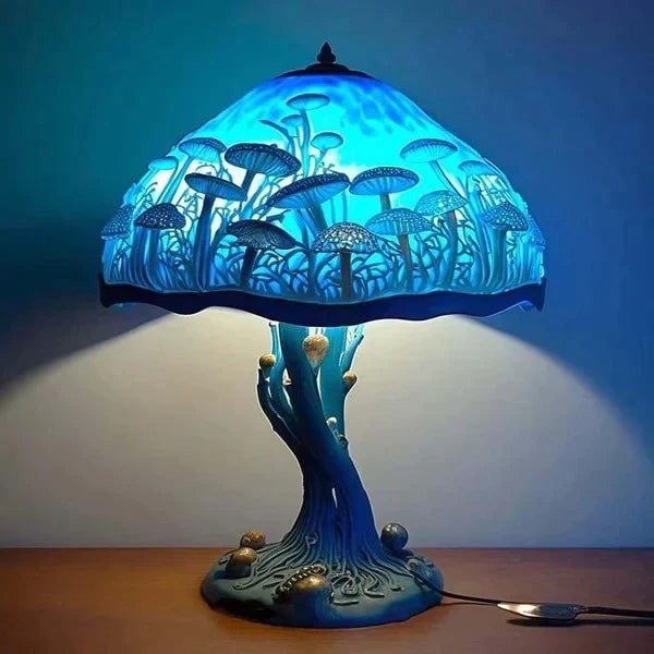 Stained Glass Table Lamp with Green Effect Decorative Resin Shade with Warm LED Light
