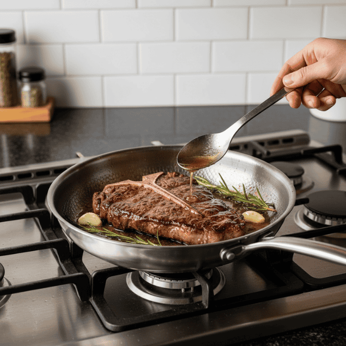Stainless Steel Frying Pan Uncoated Hammered Brushed Ergonomic Handle