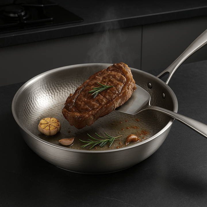Stainless Steel Frying Pan Uncoated Hammered Brushed Ergonomic Handle