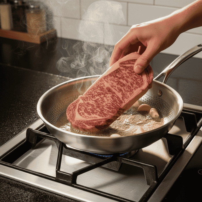 Stainless Steel Frying Pan Uncoated Hammered Brushed Ergonomic Handle
