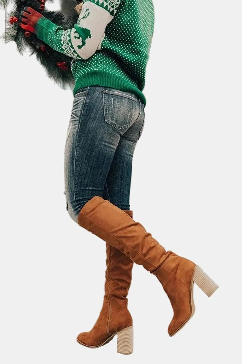 Stretch Over-the-Knee Block Heel Boots