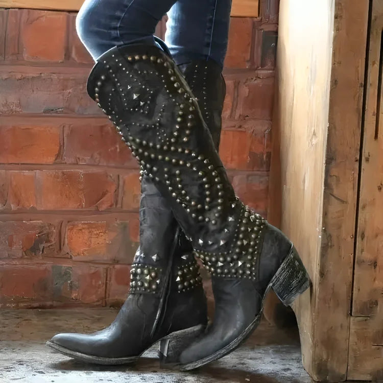 Studded Knee-High Western Boots