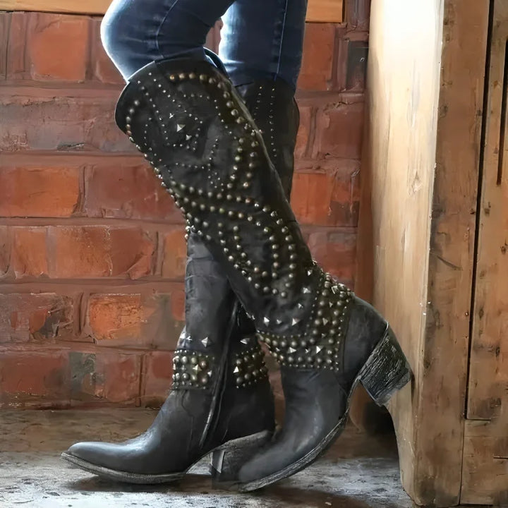 Studded Knee-High Western Boots