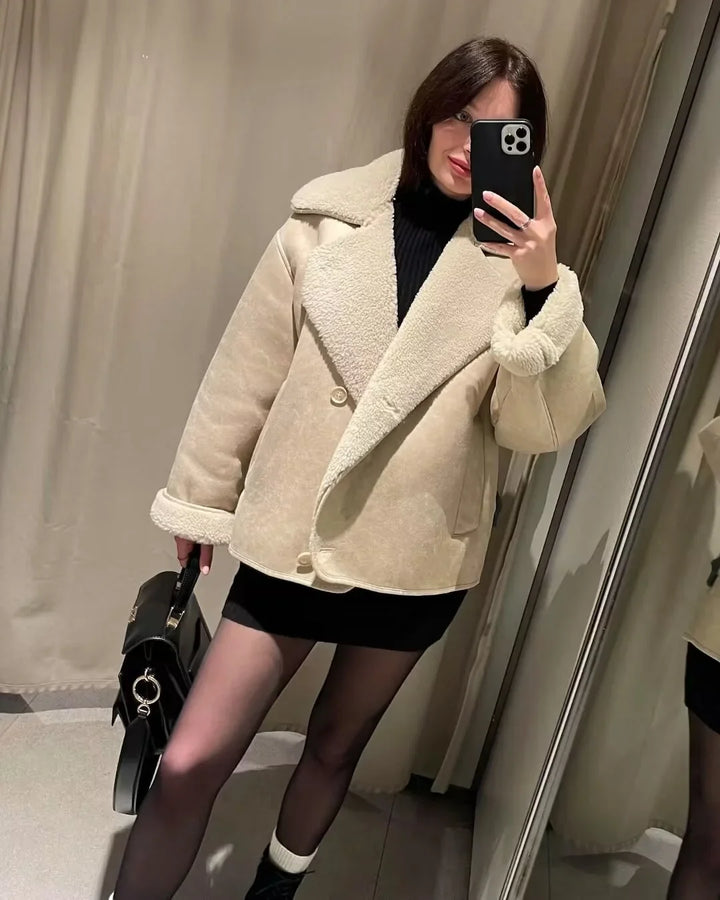 Suede Double-Breasted Jacket with Notch Lapel