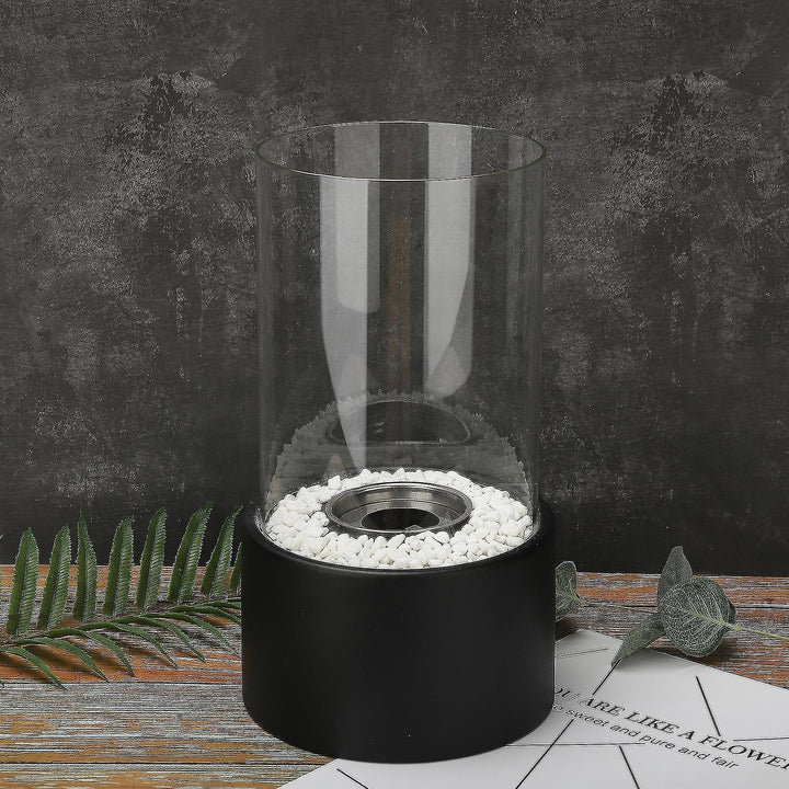 Tabletop Fire Pit Fireplace Bioethanol Glass Cylinder Pebbles Portable Ethanol