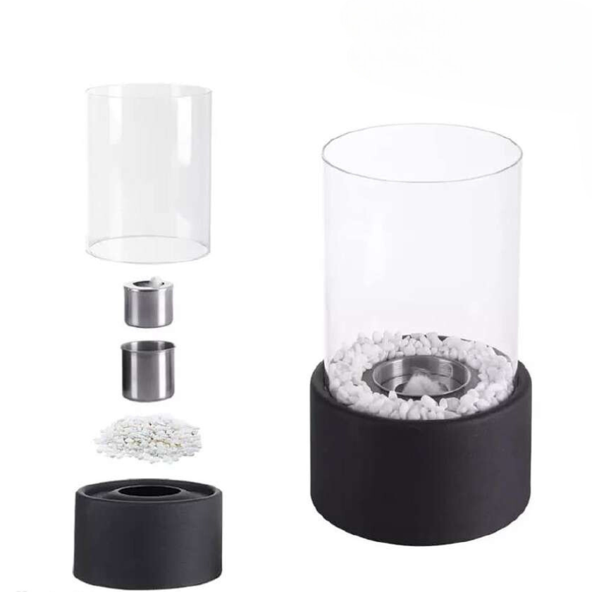 Tabletop Fire Pit Fireplace Bioethanol Glass Cylinder Pebbles Portable Ethanol
