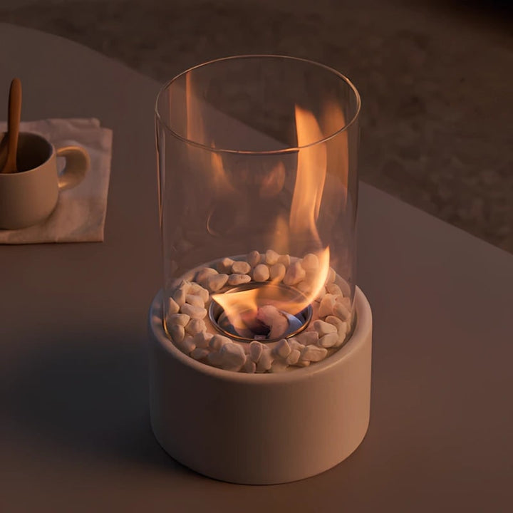 Tabletop Fire Pit Fireplace Bioethanol Glass Cylinder Pebbles Portable Ethanol