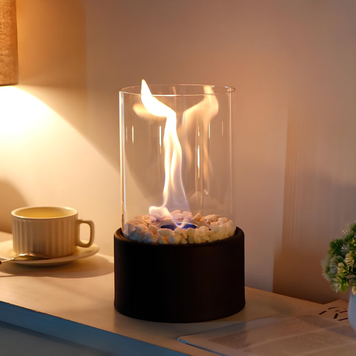 Tabletop Fire Pit Fireplace Bioethanol Glass Cylinder Pebbles Portable Ethanol