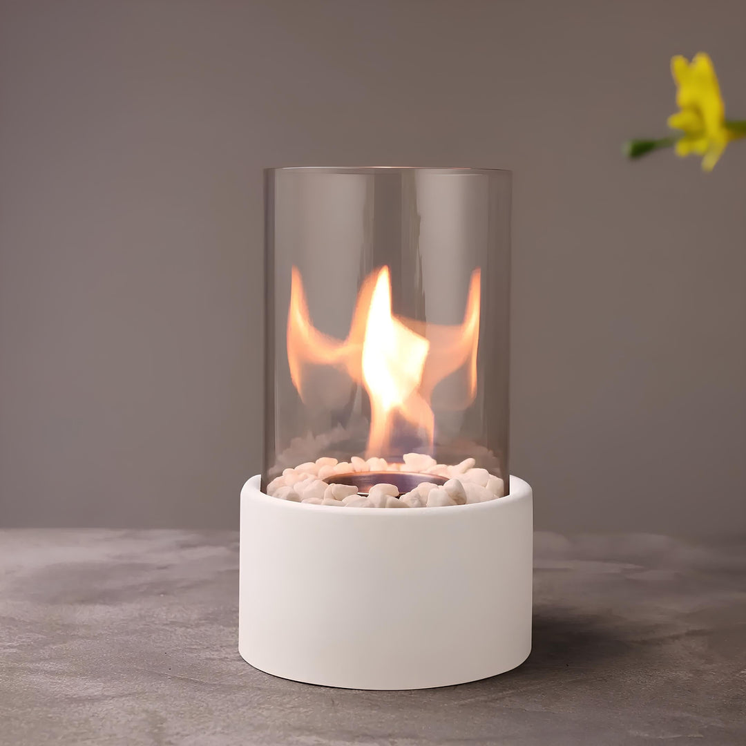 Tabletop Fire Pit Fireplace Bioethanol Glass Cylinder Pebbles Portable Ethanol
