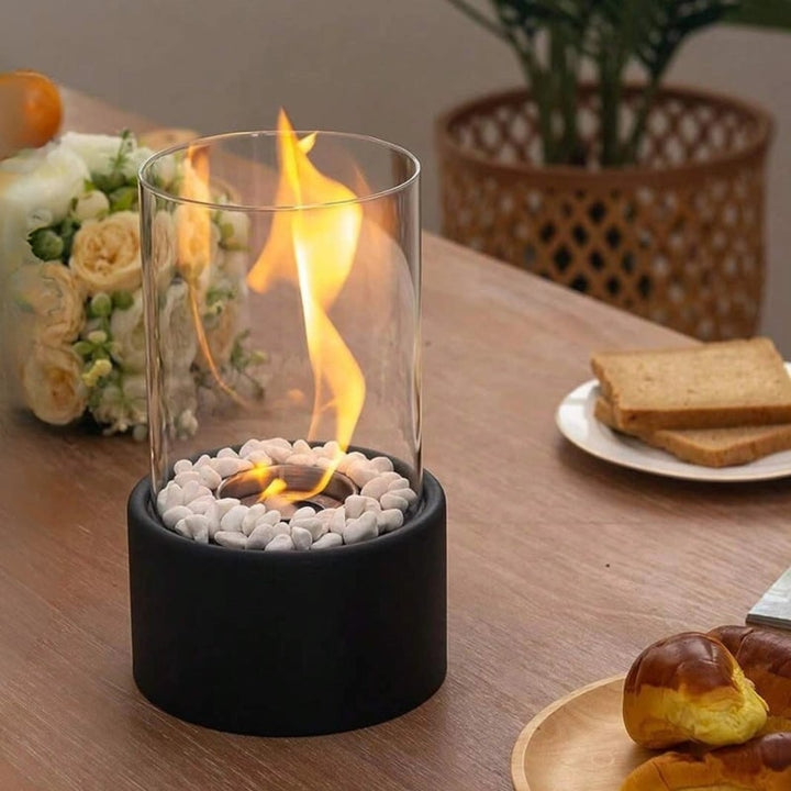 Tabletop Fire Pit Fireplace Bioethanol Glass Cylinder Pebbles Portable Ethanol