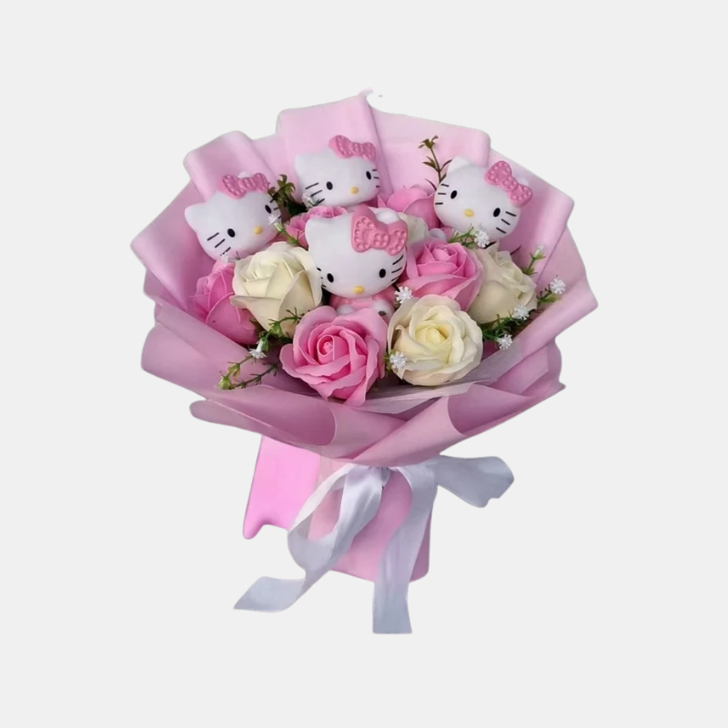 Colourful Synthetic Flower Bouquet With Kitty Figurines For Gifts And Decoration