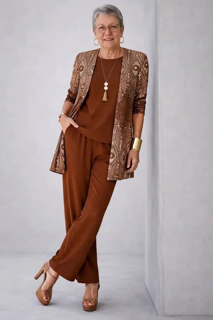 Three-Piece Cardigan, Top and Trouser Set