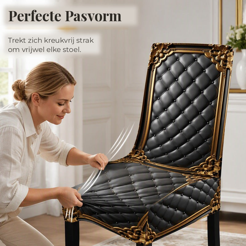 Baroque Stretch Chair Covers with Gold Detail Print - Washable Dining Chair Slipcovers