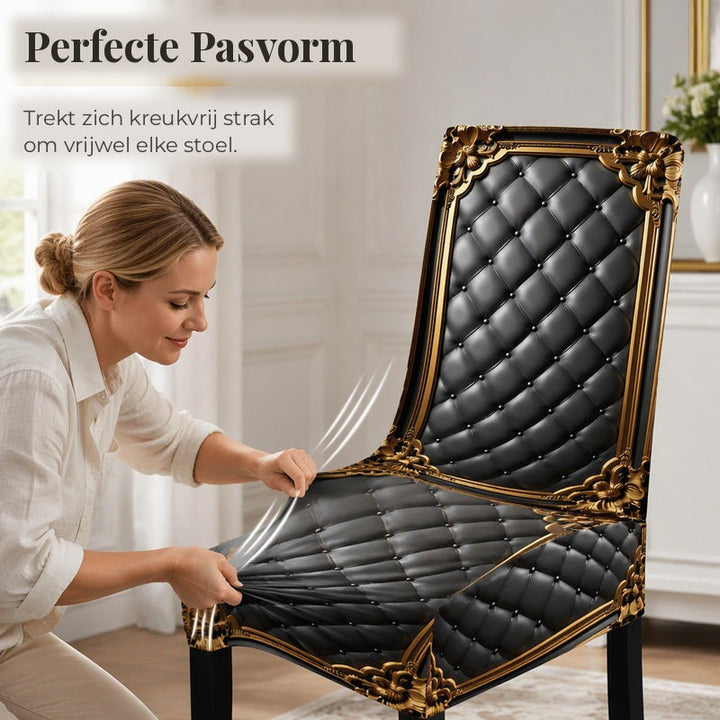 Baroque Stretch Chair Covers with Gold Detail Print - Washable Dining Chair Slipcovers