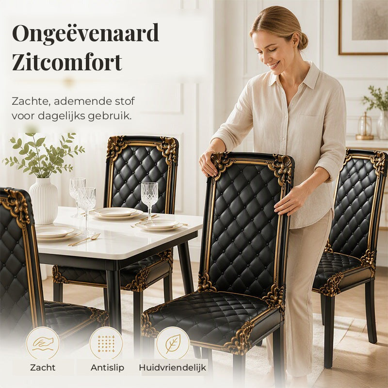 Baroque Stretch Chair Covers with Gold Detail Print - Washable Dining Chair Slipcovers