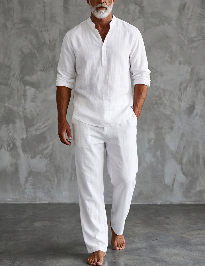 Men's Linen Henley Shirt and Relaxed Trousers Two-Piece Set