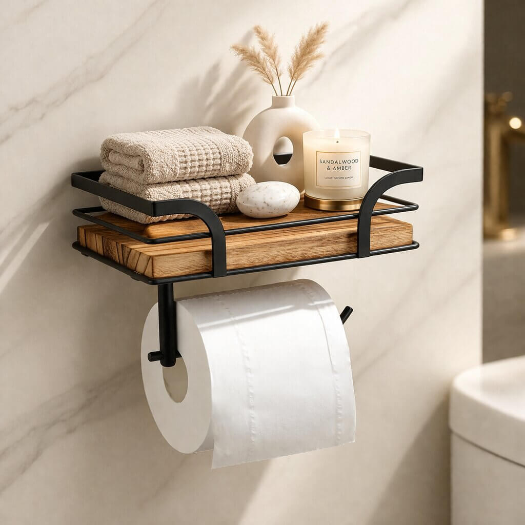 Wall-Mounted Toilet Roll Holder with Shelf for Phone and Wipes
