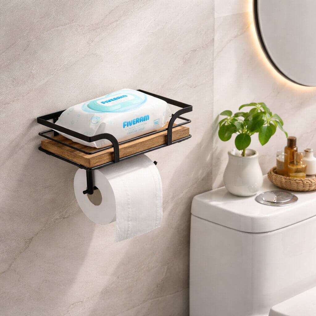Wall-Mounted Toilet Roll Holder with Shelf for Phone and Wipes