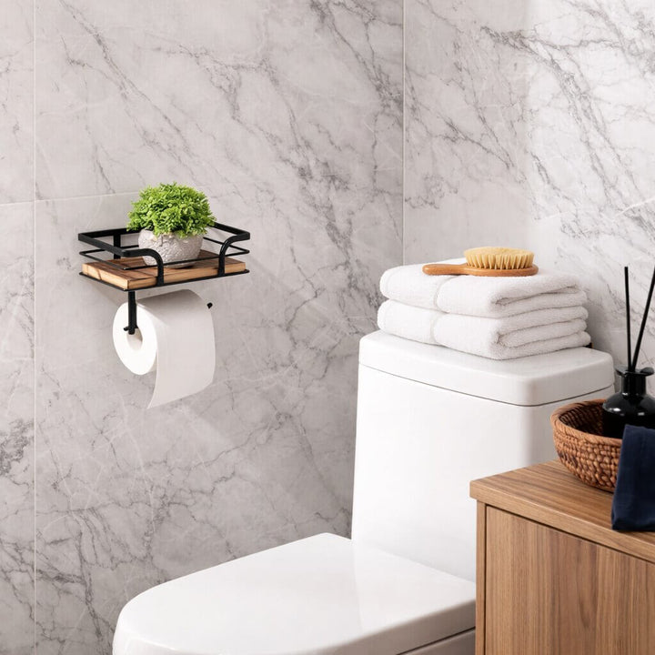 Wall-Mounted Toilet Roll Holder with Shelf for Phone and Tissues