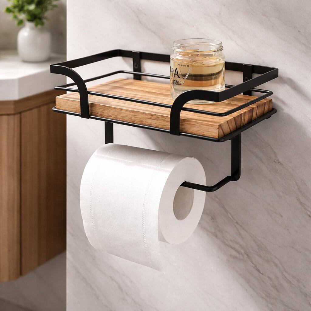 Wall-Mounted Toilet Roll Holder with Shelf for Phone and Wipes
