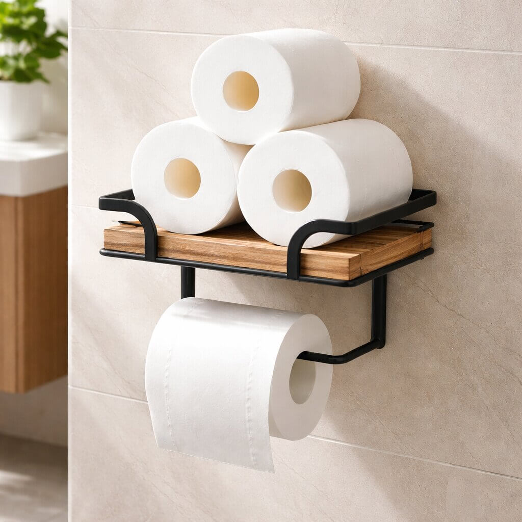 Wall-Mounted Toilet Roll Holder with Shelf for Phone and Tissues