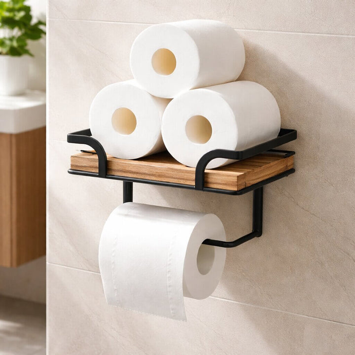 Wall-Mounted Toilet Roll Holder with Shelf for Phone and Tissues