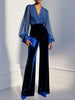 Women's Velvet Wide-Leg Jumpsuit Blue with V-Neck