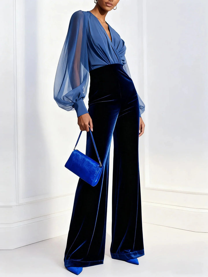 Women's Velvet Wide-Leg Jumpsuit Blue with V-Neck