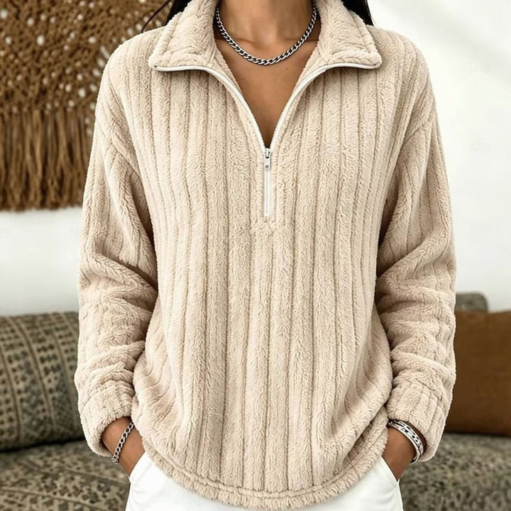 Women's Fleece Jumper with Half Zip – Rib-Knit Pullover