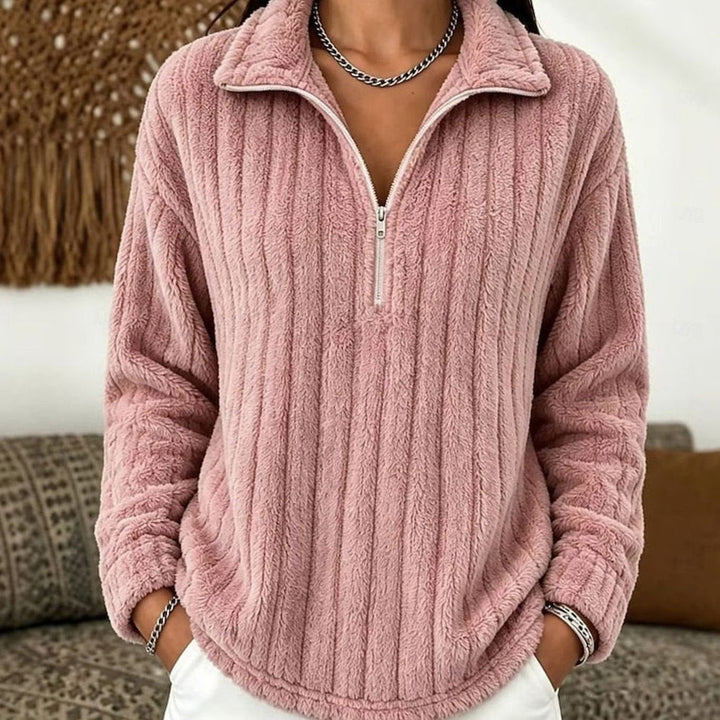Women's Fleece Jumper with Half Zip – Rib-Knit Pullover