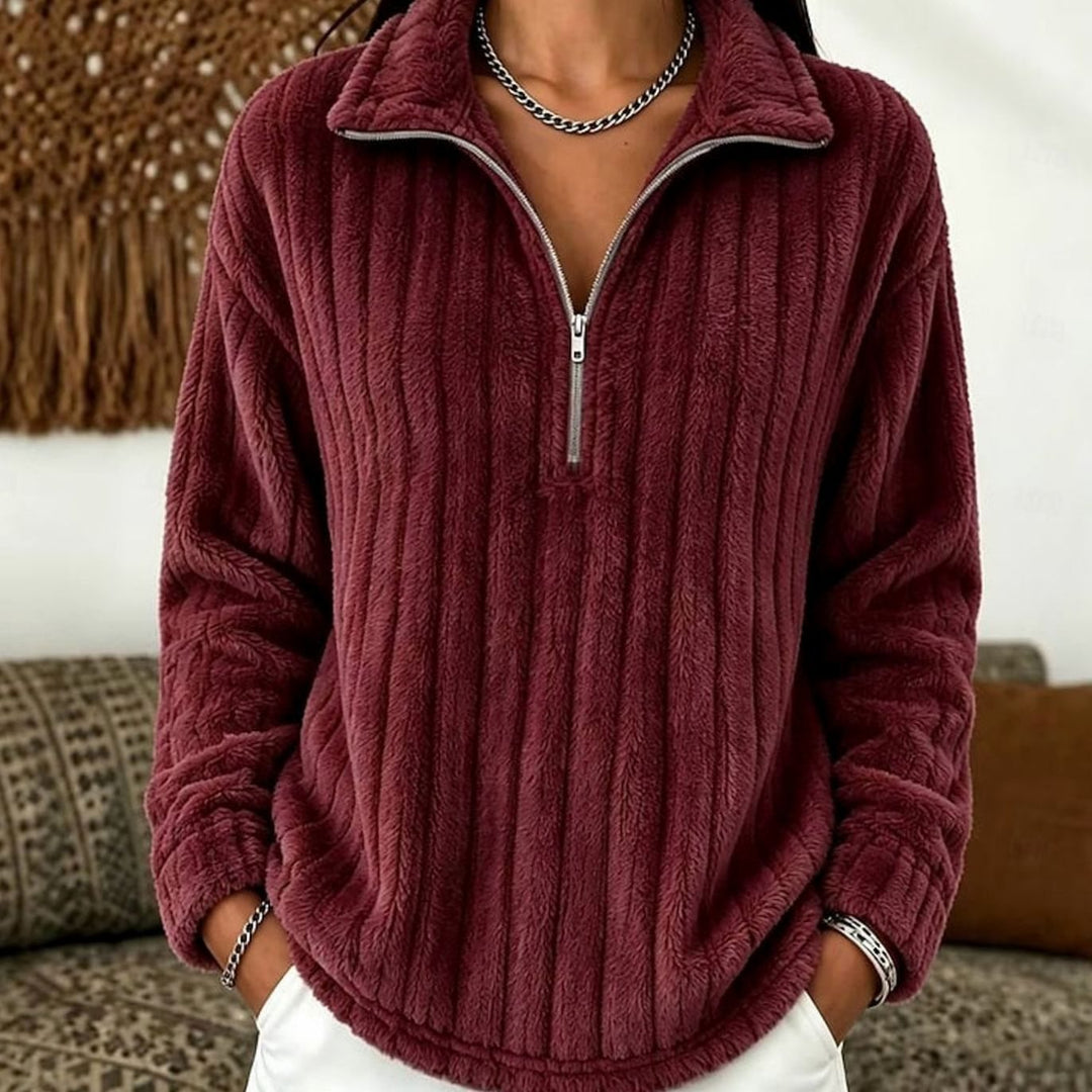 Women's Fleece Jumper with Half Zip – Rib-Knit Pullover