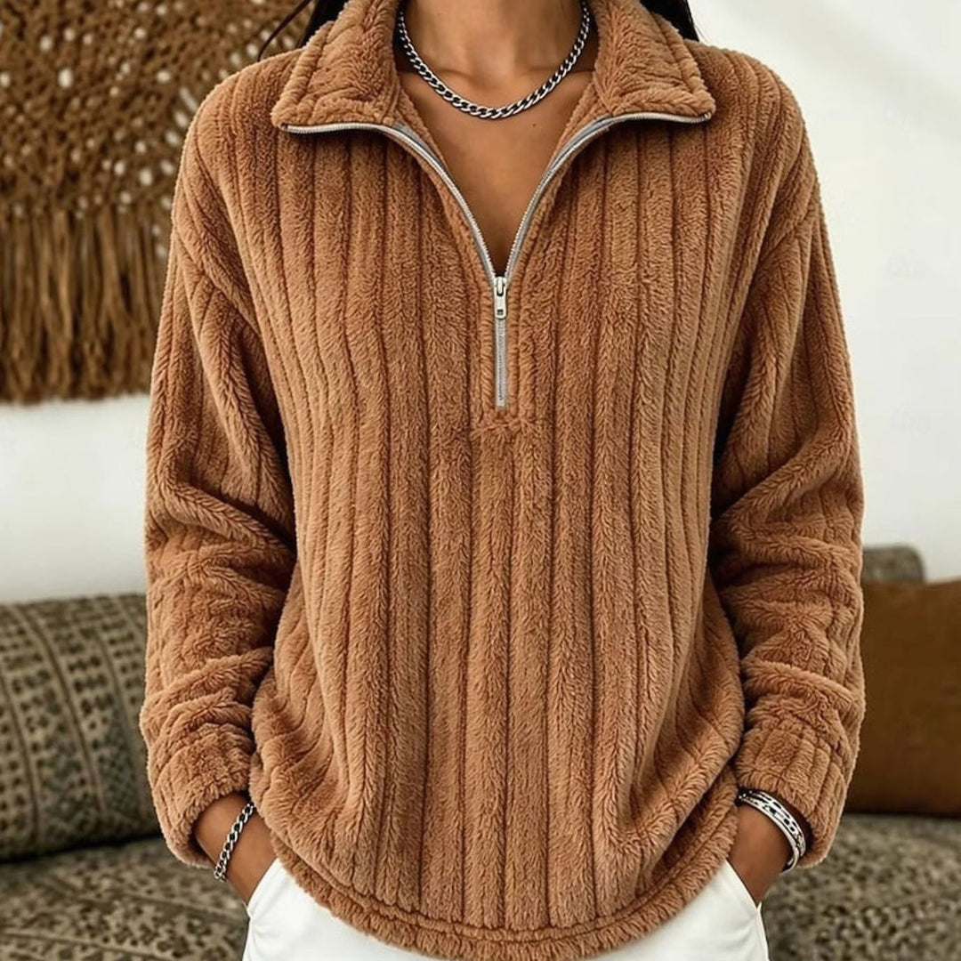 Women's Fleece Jumper with Half Zip – Rib-Knit Pullover