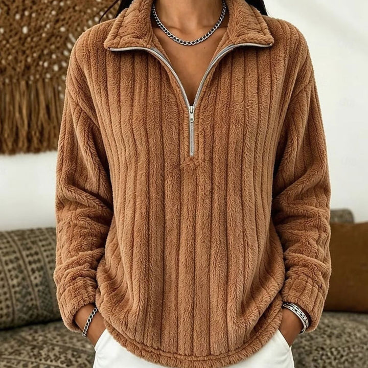 Women's Fleece Jumper with Half Zip – Rib-Knit Pullover