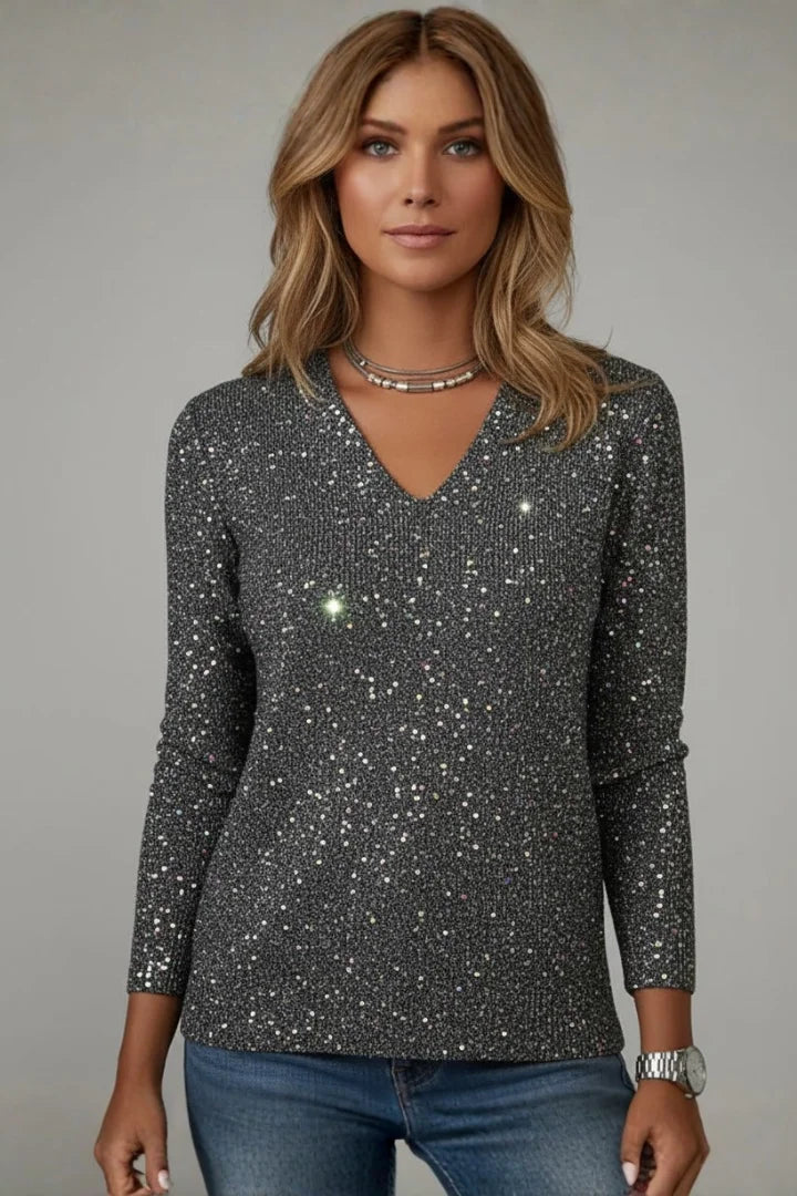 Sequin V-Neck Long Sleeve Jumper