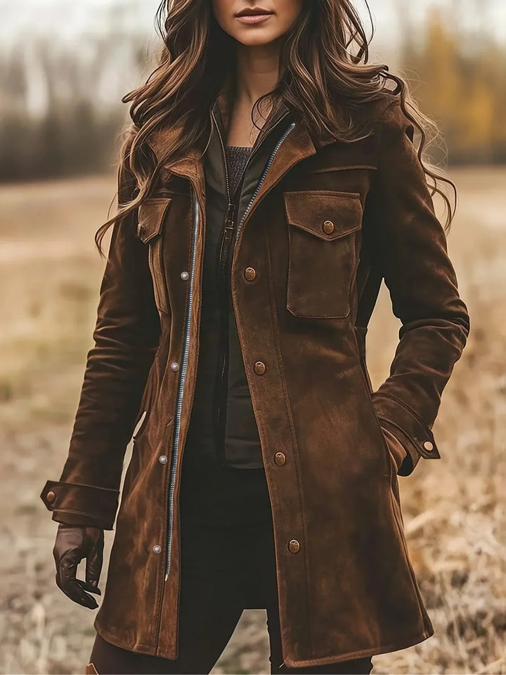 Women's Suede Jacket Brown with Lapel Collar and Button Fastening