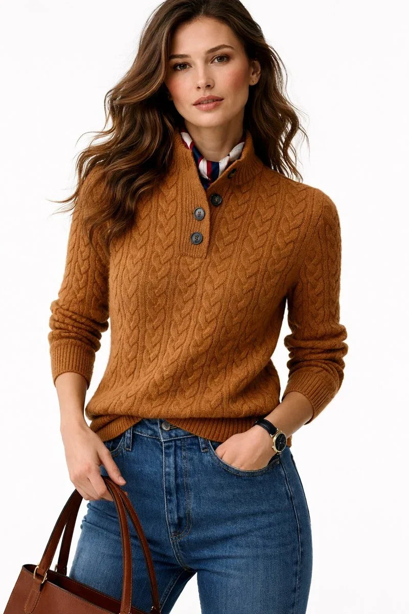Women's Cable Knit Jumper with Polo Neck and Buttons – Knitted Pullover
