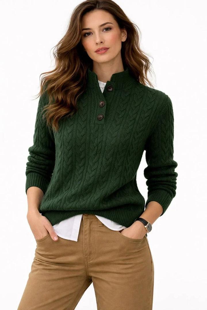 Women's Cable Knit Jumper with Polo Neck and Buttons – Knitted Pullover