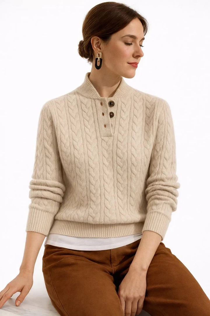 Women's Cable Knit Jumper with Polo Neck and Buttons – Knitted Pullover