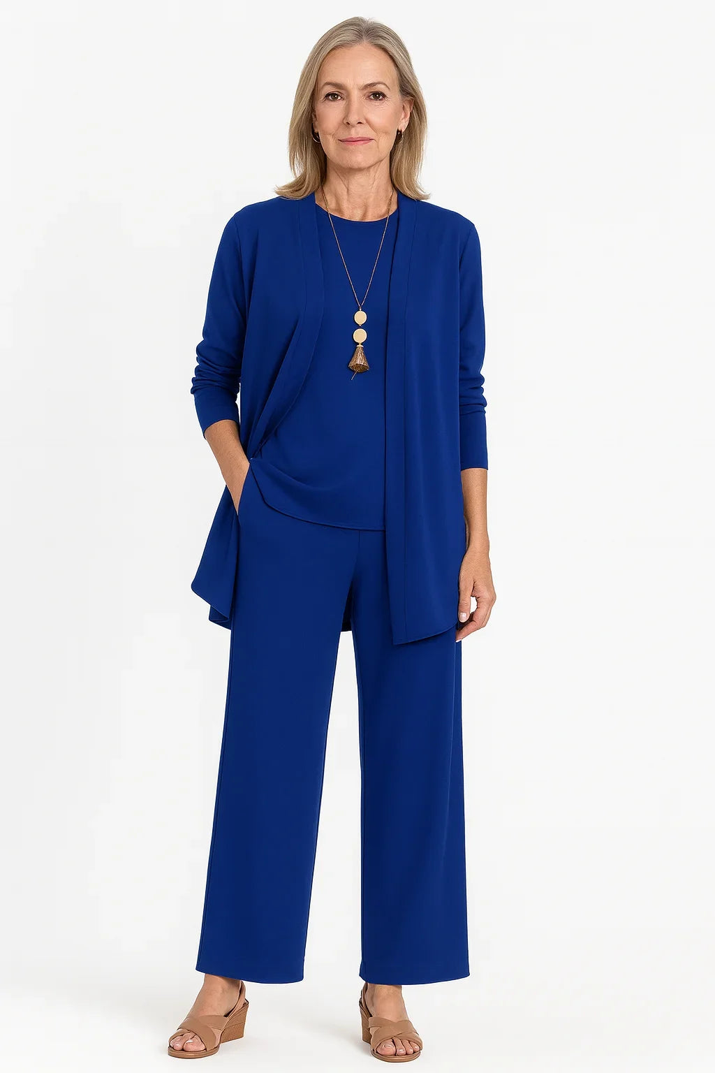 Women's 3-Piece Knit Cardigan, Tank and Wide-Leg Trouser Set