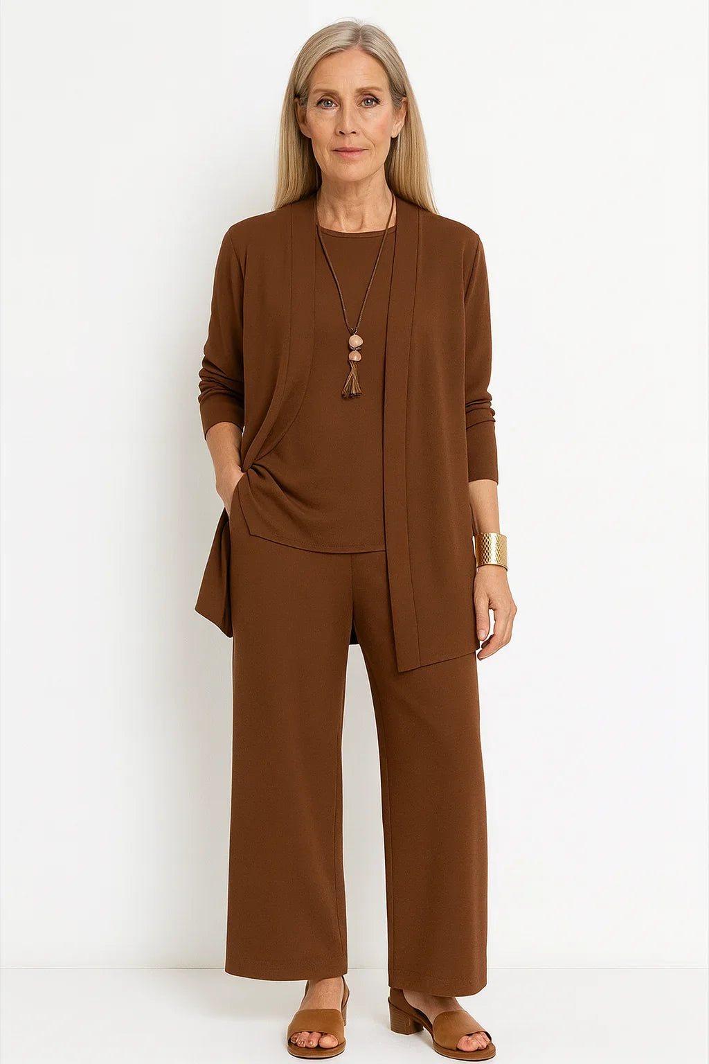 Women's 3-Piece Knit Cardigan, Tank and Wide-Leg Trouser Set