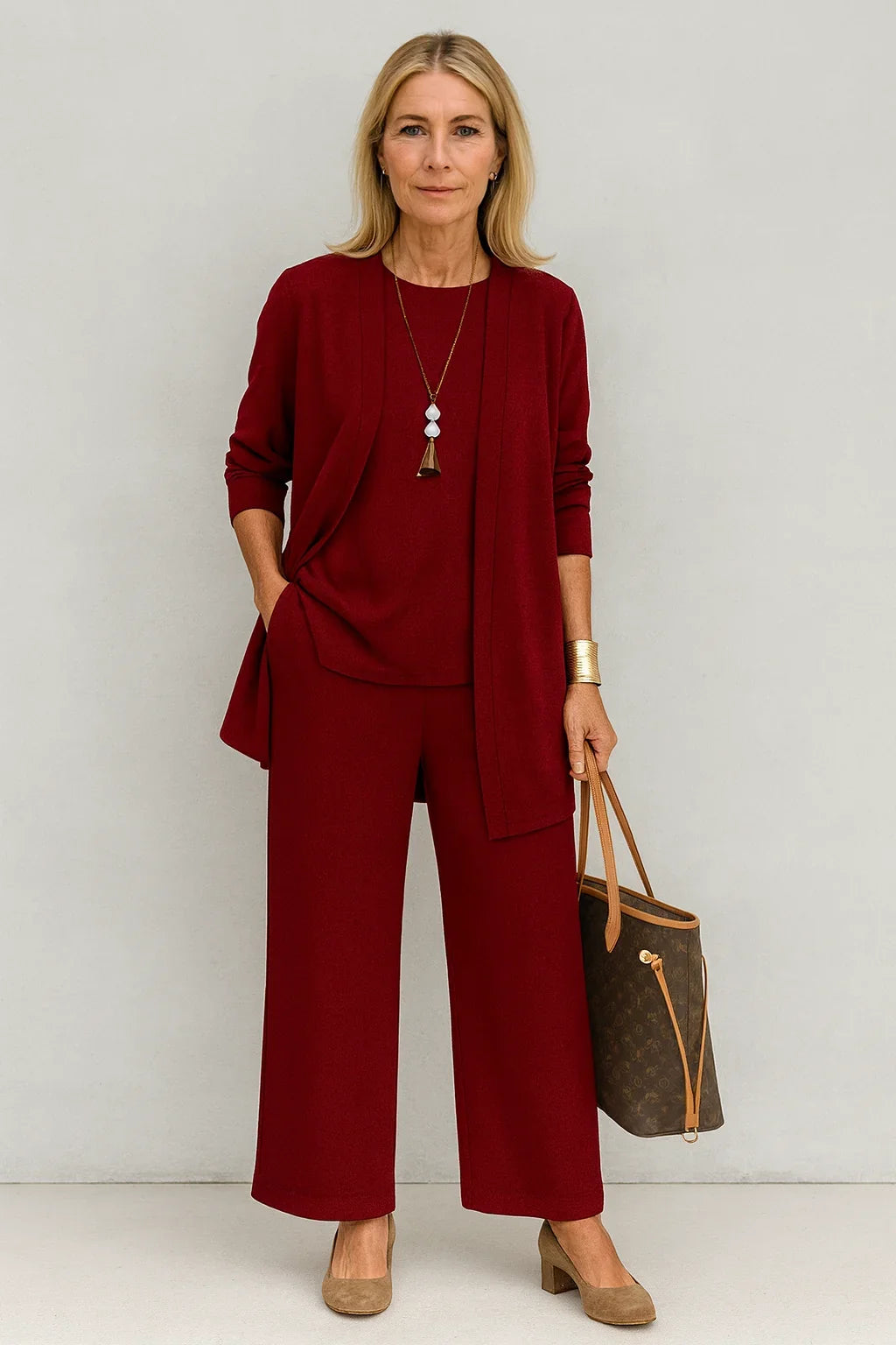 Women's 3-Piece Knit Cardigan, Tank and Wide-Leg Trouser Set