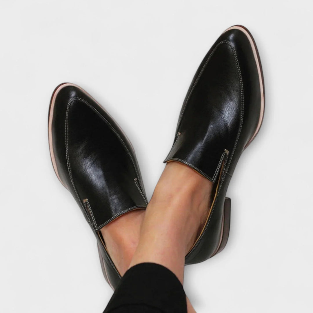 Black Leather Slip-On Loafers with Pointed Toe