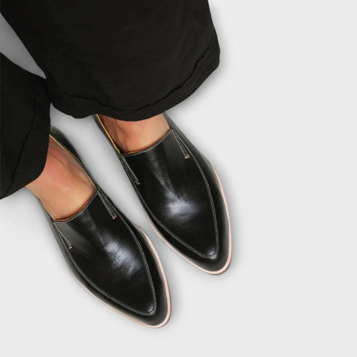 Black Leather Slip-On Loafers with Pointed Toe