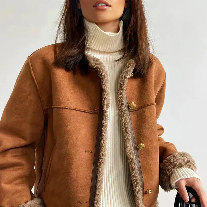 Brown Faux Suede Shearling Aviator Jacket