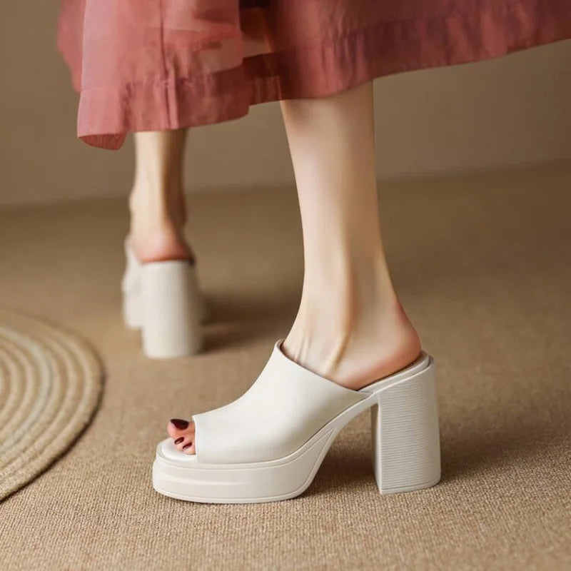 Women's Leather Platform Mule Sandals with Peep Toe