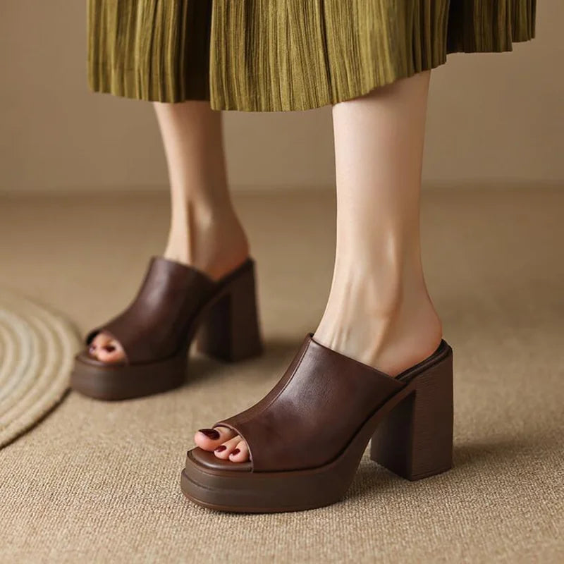 Women's Leather Platform Mule Sandals with Peep Toe